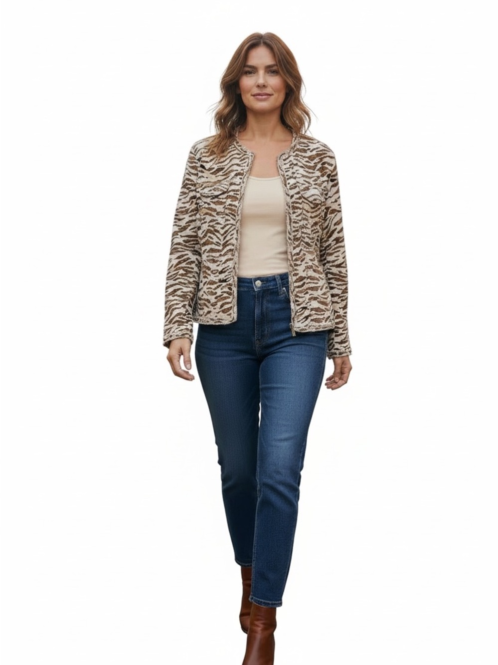Chico's Beige and Brown Animal-Print Open Front Jacket